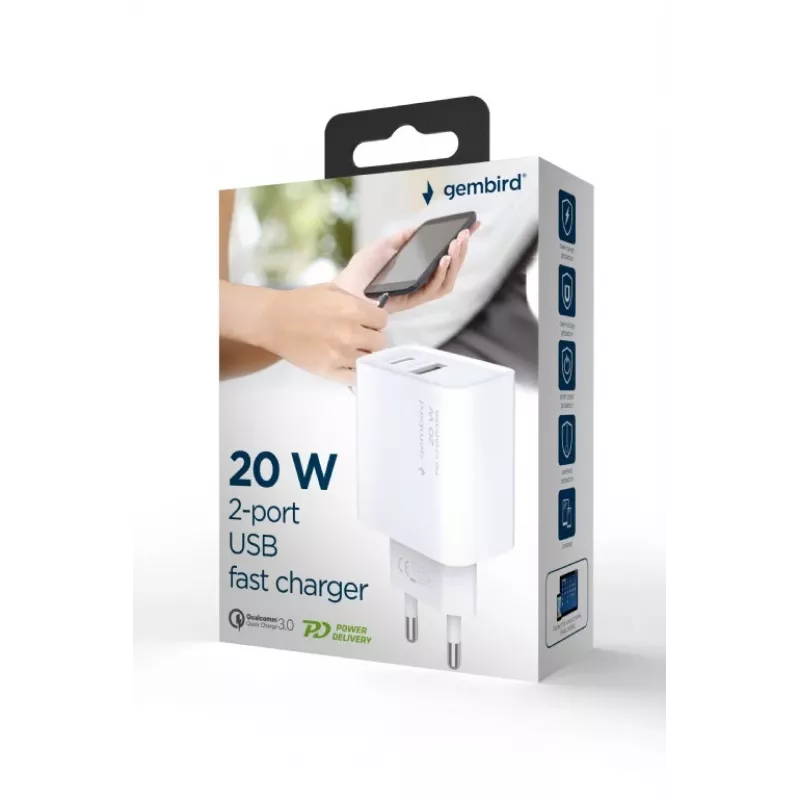 GEMBIRD USB greitasis įkroviklis – A ir C tipo 2 prievadai 20 W – Baltas