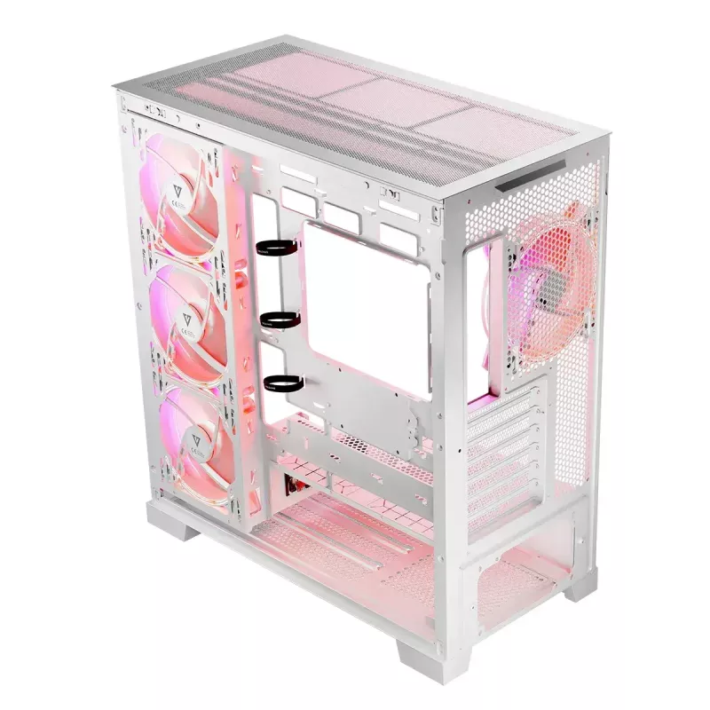 PC korpusas MODECOM Volcano SPACE APEX ARGB MIDI Tower Baltas — plieninis, šoninis langas, ARGB ventiliatoriai, USB-C