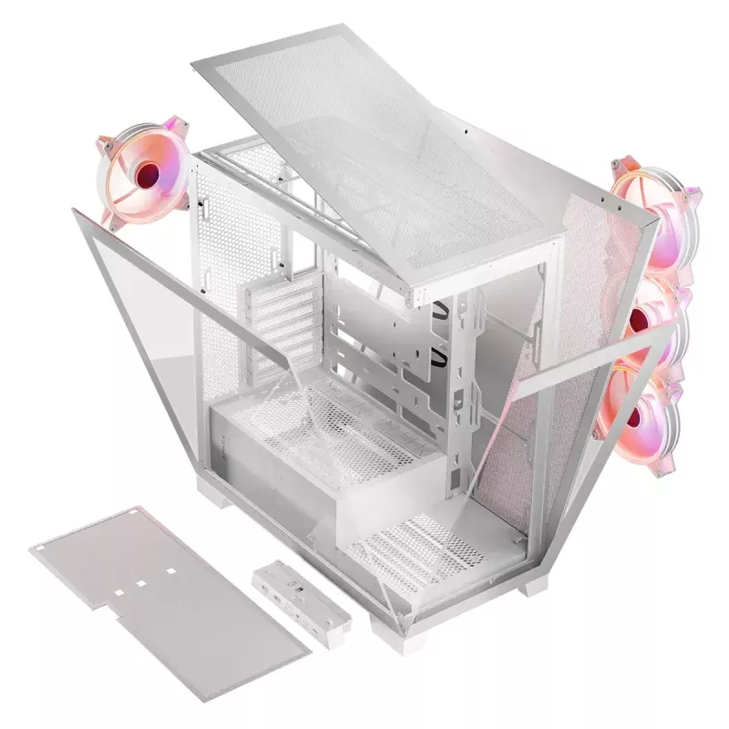 PC korpusas MODECOM Volcano SPACE APEX ARGB MIDI Tower Baltas — plieninis, šoninis langas, ARGB ventiliatoriai, USB-C
