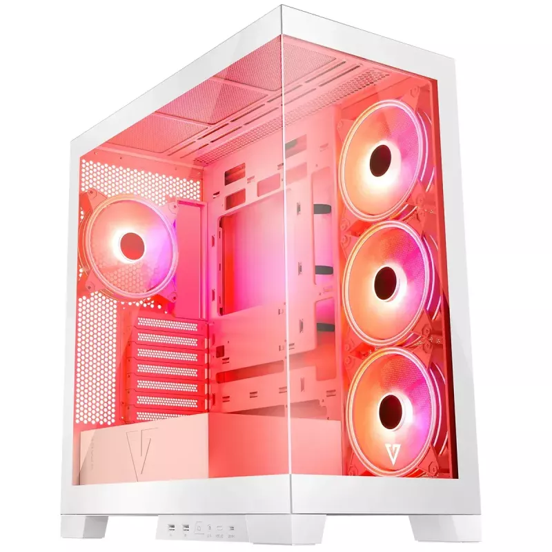 PC korpusas MODECOM Volcano SPACE APEX ARGB MIDI Tower Baltas — plieninis, šoninis langas, ARGB ventiliatoriai, USB-C