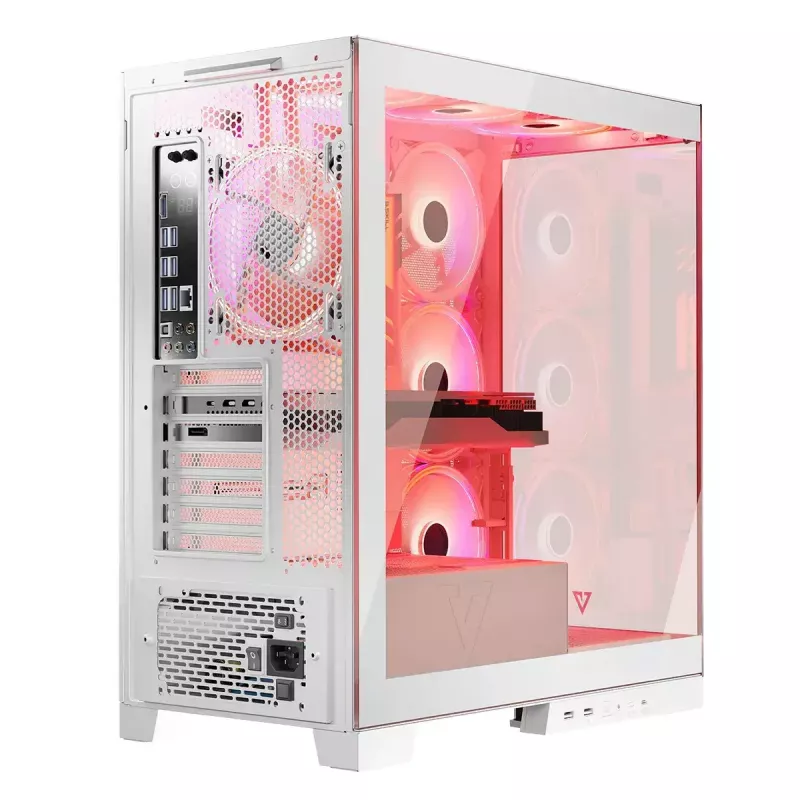 PC korpusas MODECOM Volcano SPACE APEX ARGB MIDI Tower Baltas — plieninis, šoninis langas, ARGB ventiliatoriai, USB-C