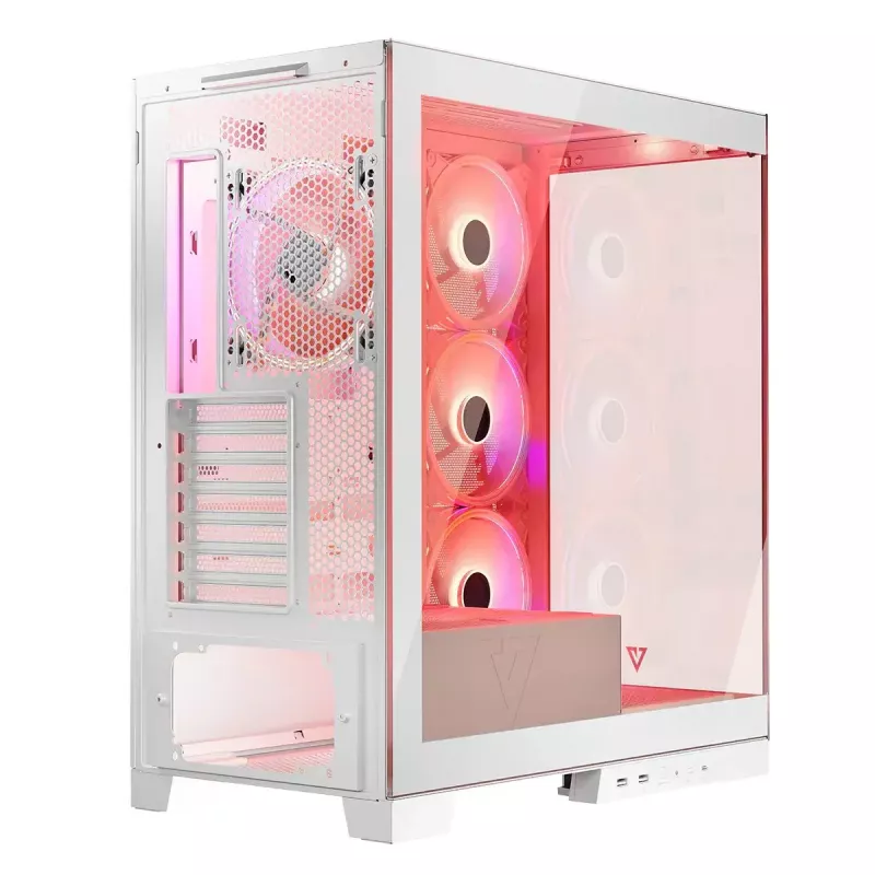 PC korpusas MODECOM Volcano SPACE APEX ARGB MIDI Tower Baltas — plieninis, šoninis langas, ARGB ventiliatoriai, USB-C
