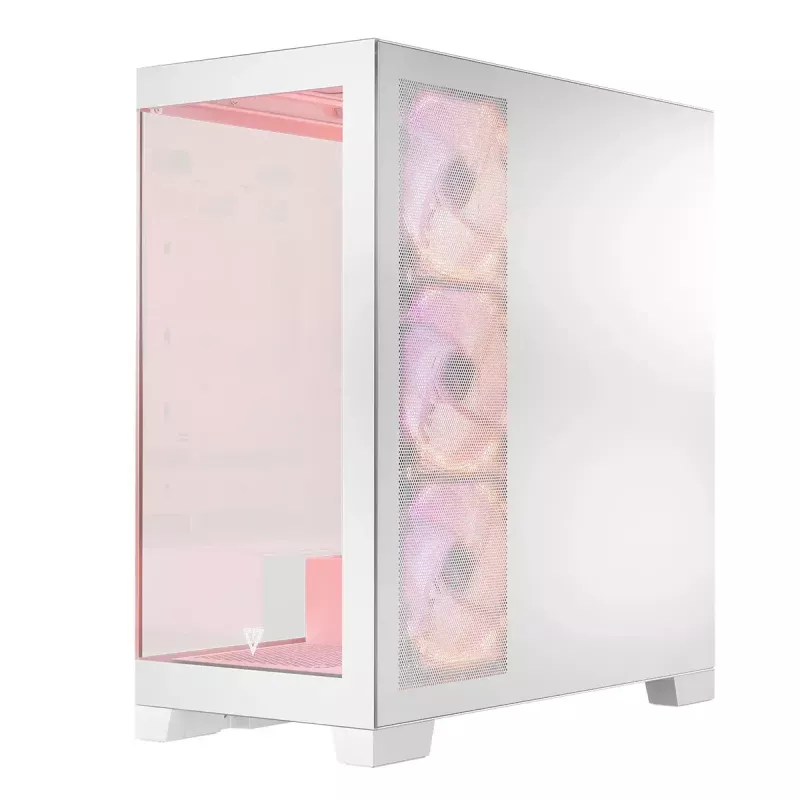 PC korpusas MODECOM Volcano SPACE APEX ARGB MIDI Tower Baltas — plieninis, šoninis langas, ARGB ventiliatoriai, USB-C