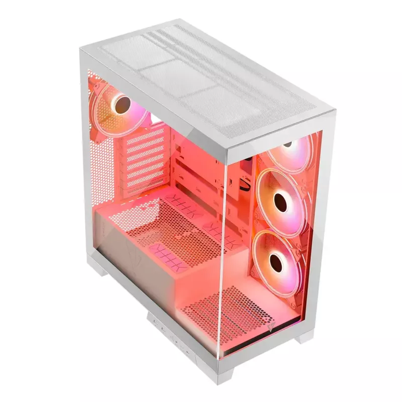 PC korpusas MODECOM Volcano SPACE APEX ARGB MIDI Tower Baltas — plieninis, šoninis langas, ARGB ventiliatoriai, USB-C