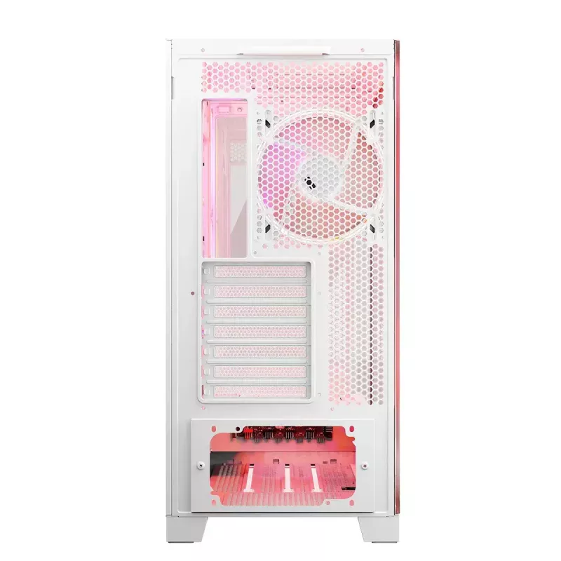 PC korpusas MODECOM Volcano SPACE APEX ARGB MIDI Tower Baltas — plieninis, šoninis langas, ARGB ventiliatoriai, USB-C