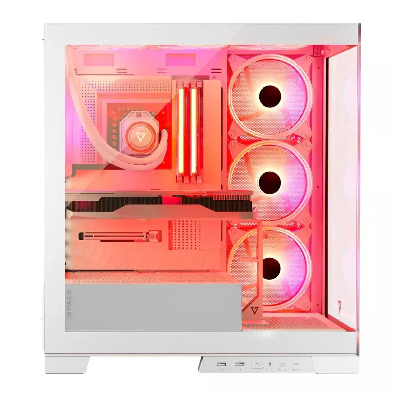 PC korpusas MODECOM Volcano SPACE APEX ARGB MIDI Tower Baltas — plieninis, šoninis langas, ARGB ventiliatoriai, USB-C