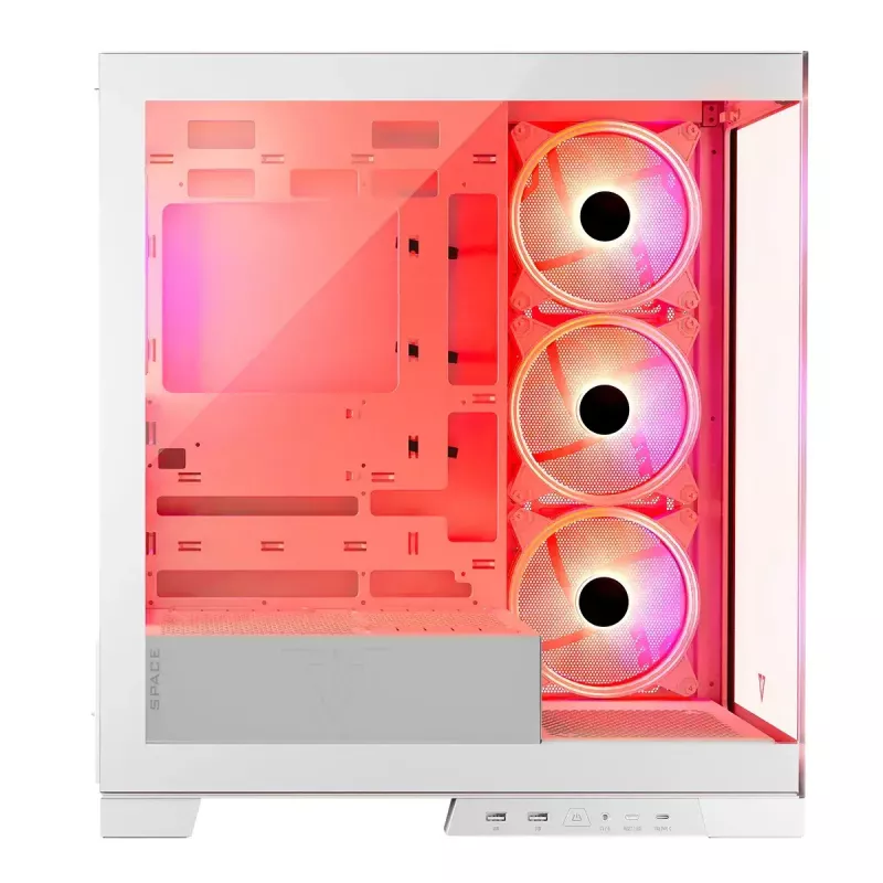 PC korpusas MODECOM Volcano SPACE APEX ARGB MIDI Tower Baltas — plieninis, šoninis langas, ARGB ventiliatoriai, USB-C