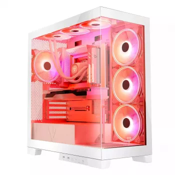 PC korpusas MODECOM Volcano SPACE APEX ARGB MIDI Tower Baltas — plieninis, šoninis langas, ARGB ventiliatoriai, USB-C