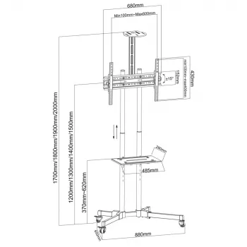 Techly ICA-TR216T mobilus TV stovas su ratukais 37–70 colių (iki 177,8 cm) ekranams, iki 50 kg, 2 lentynos, juodas