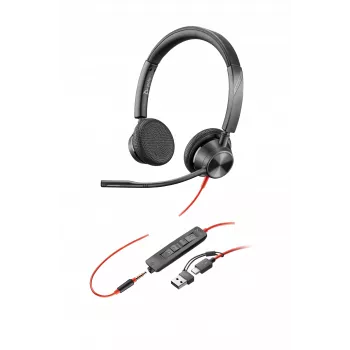 HP Poly Blackwire 3325 stereo ausinės su USB-C kištuku, 3,5 mm lizdu ir USB-C/A adapteriu