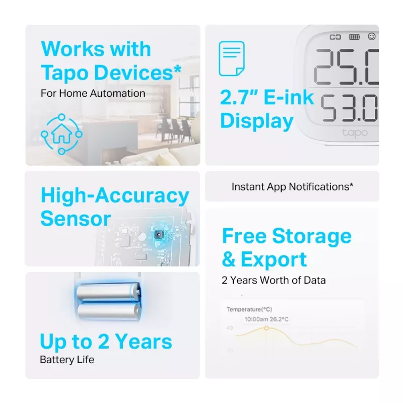 TP-Link Tapo T315 belaidis temperatūros ir drėgmės jutiklis su E-Ink ekranu