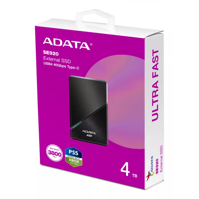 ADATA SE920 4 TB išorinis SSD, USB Type-C, USB4 Gen 3x2, juodas