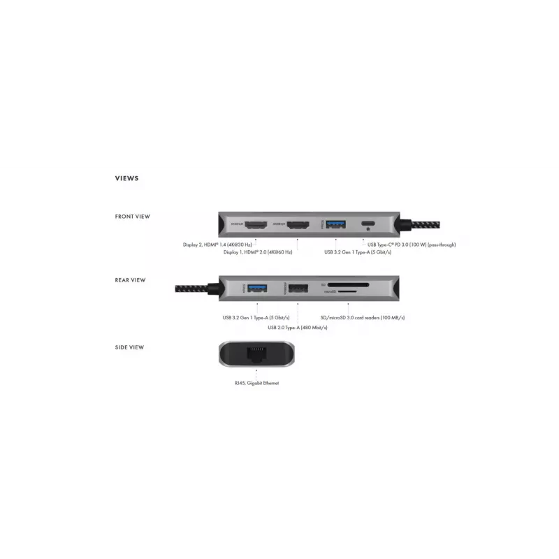 ICY BOX IB-DK4012-CPD USB 3.2 Gen 1 (3.1 Gen 1) Type-C dokavimo stotelė, antracitinė, juoda