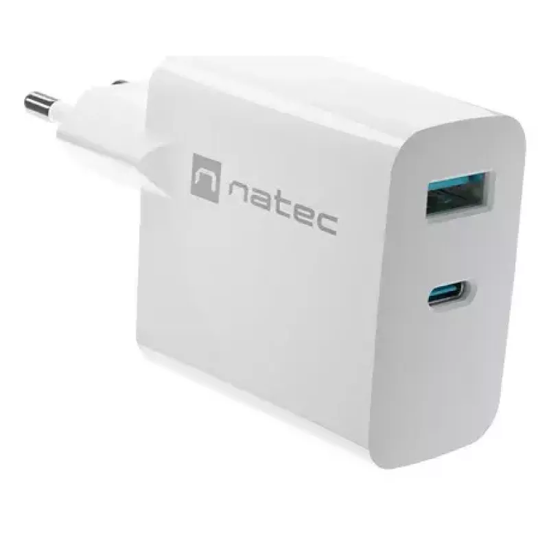 NATEC NUC-2142 belaidis mobiliojo įrenginio įkroviklis, USB-C PD 3.0 + USB-A, 5–20V iki 3A, 45 W, baltas