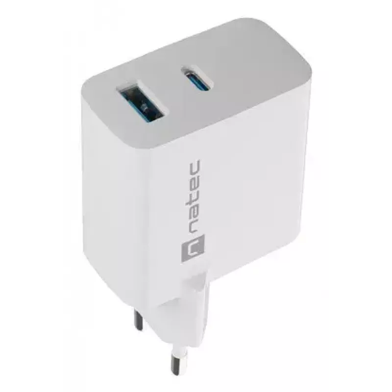 NATEC NUC-2142 belaidis mobiliojo įrenginio įkroviklis, USB-C PD 3.0 + USB-A, 5–20V iki 3A, 45 W, baltas