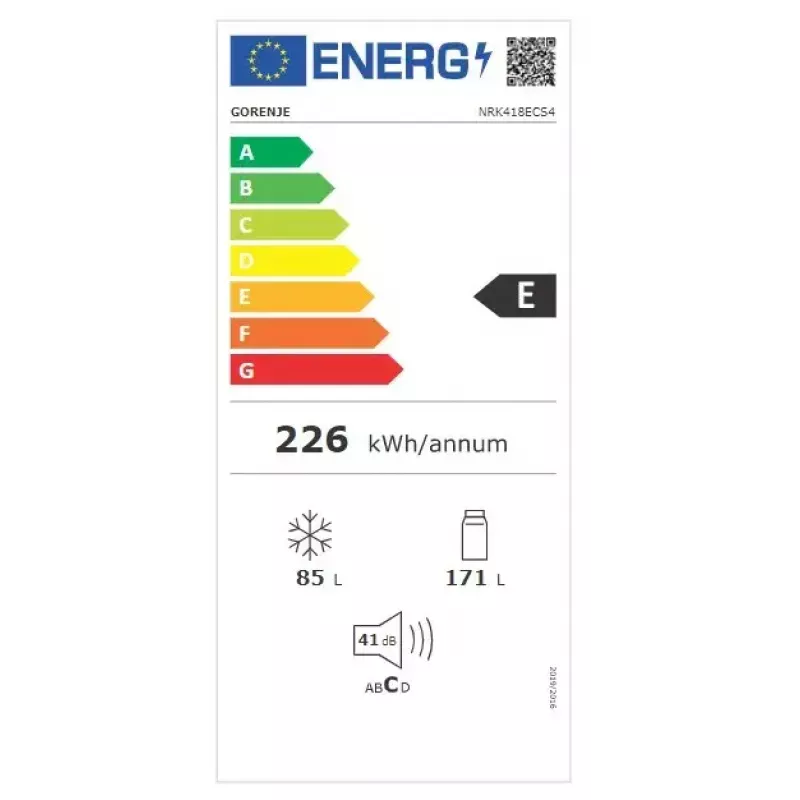 Laisvai pastatomas šaldytuvas su šaldikliu Gorenje NRK 418 ECS4 — 256 L bendras, šaldytuvas 171 L No Frost, šaldiklis 85 L, 41 dB, energijos klasė E
