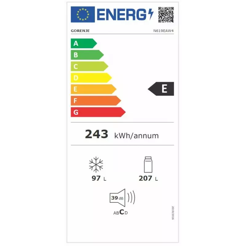 Laisvai pastatomas šaldytuvas-šaldiklis Gorenje N619EAW4 – 304 L (207 L šaldytuvas, 97 L šaldiklis), No Frost, LED ekranas, dešinės pusės vyriai, 39 dB