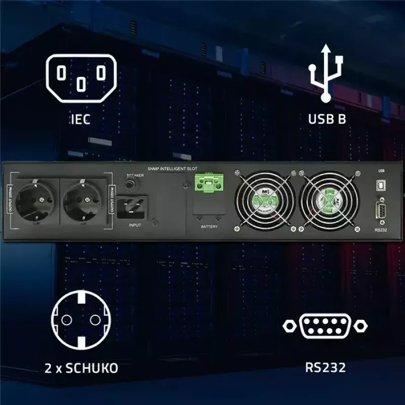 Nepertraukiamo maitinimo šaltinis (UPS) QOLTEC 52286 2 kVA (2000 W), galios koeficientas 1.0, montuojamas į stelažą