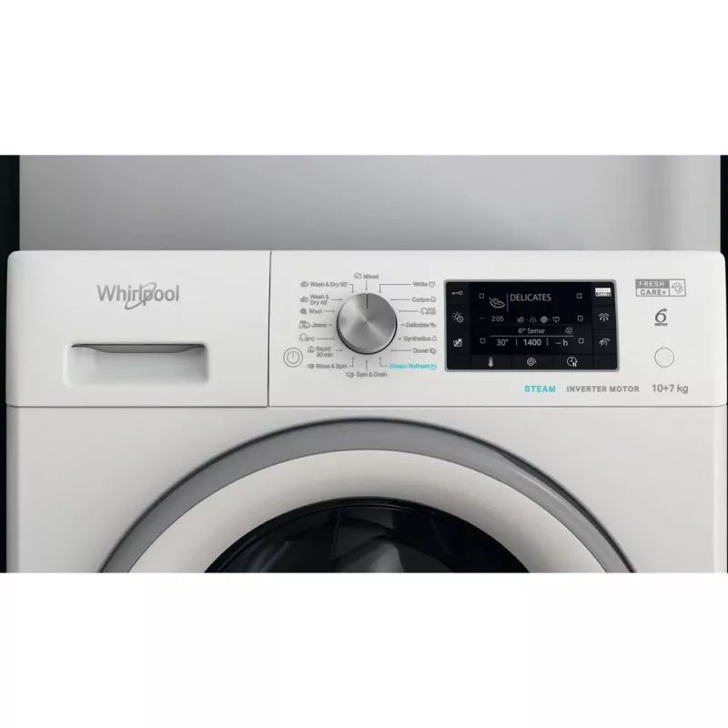 Whirlpool FFWDD 1076258 SV EE skalbyklė su džiovintuvu, laisvai pastatoma, priekinė pakrova, balta