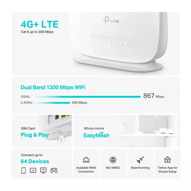 TP-Link Archer MR505 4G+ Cat6 AC1200 belaidis dviejų juostų gigabito maršrutizatorius