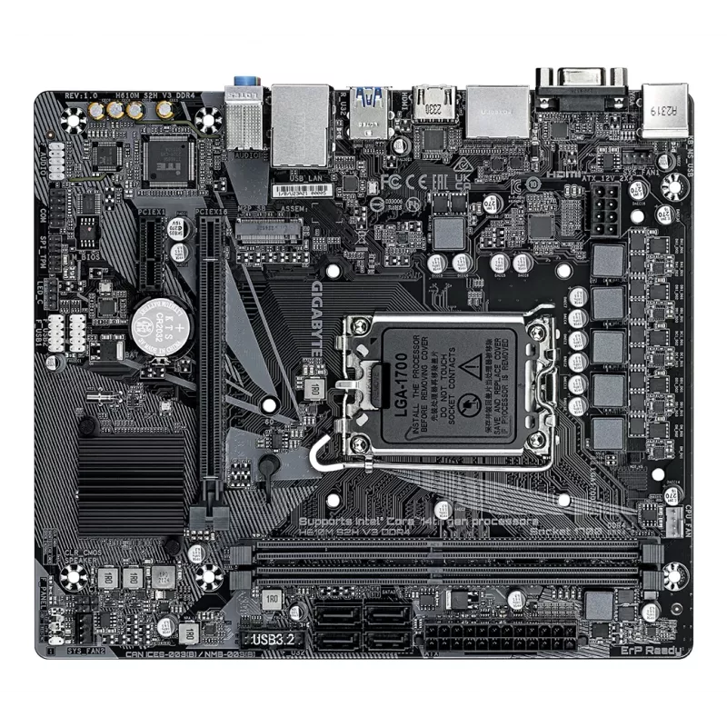 GIGABYTE H610M S2H V3 DDR4 pagrindinė plokštė – palaiko Intel Core 14-os kartos procesorius, 4+1+1 hibridinis skaitmeninis VRM, iki 3200MHz DDR4, 1xPCIe 3.0 M.2, GbE LAN, USB 3.2 Gen 1