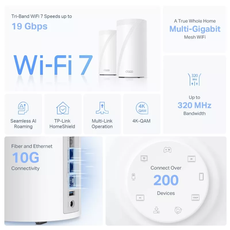 TP-Link Deco BE85 BE19000 belaidžio tinklo maršrutizatorius, WiFi 7, trijų juostų, 10 Gbps prievadai, balta spalva, 2 vnt. komplektas