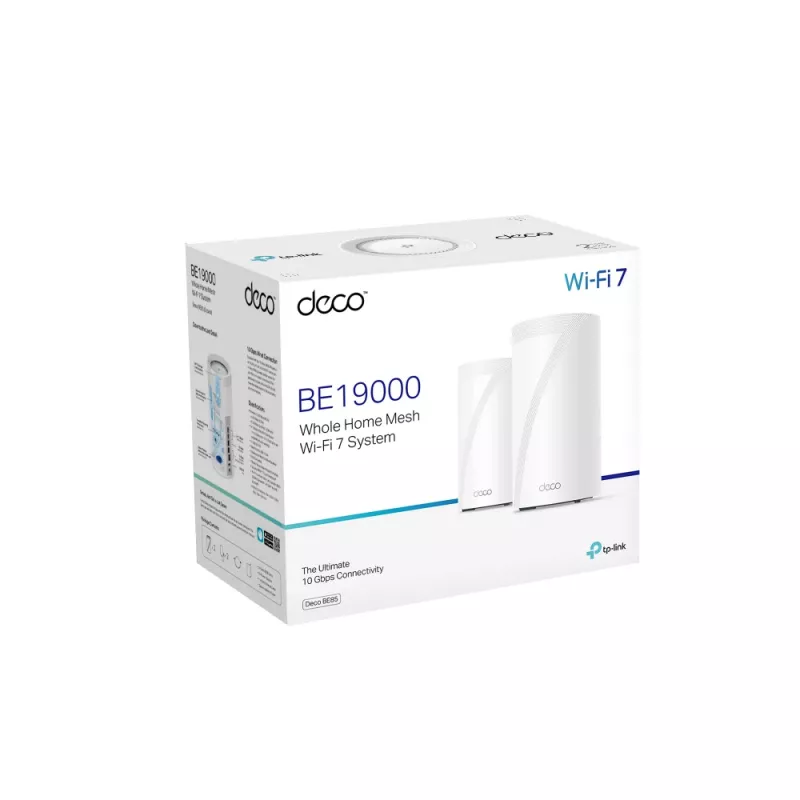TP-Link Deco BE85 BE19000 belaidžio tinklo maršrutizatorius, WiFi 7, trijų juostų, 10 Gbps prievadai, balta spalva, 2 vnt. komplektas