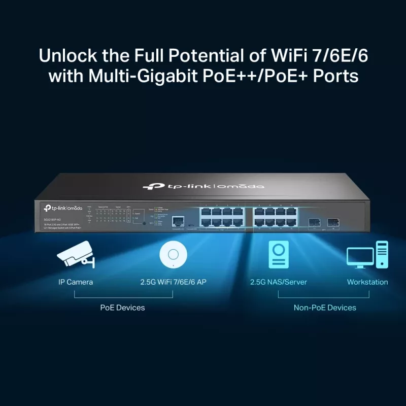 TP-Link Omada 16 prievadų 2.5G ir 2 prievadų 10GE SFP+ L2+ valdomas jungiklis su 8 prievadais PoE+