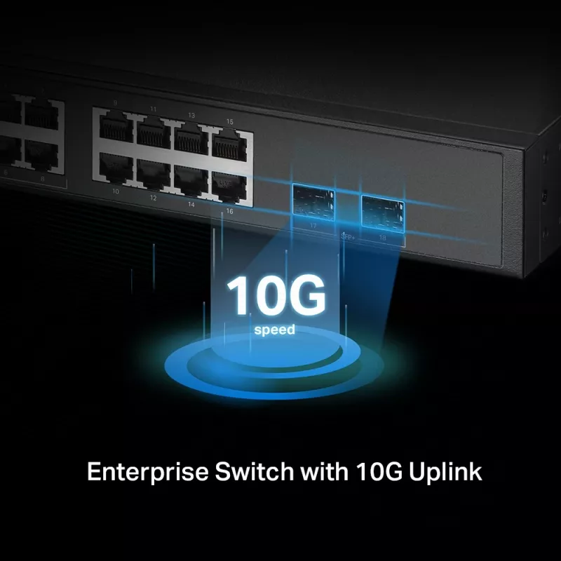TP-Link Omada 16 prievadų 2.5G ir 2 prievadų 10GE SFP+ L2+ valdomas jungiklis su 8 prievadais PoE+