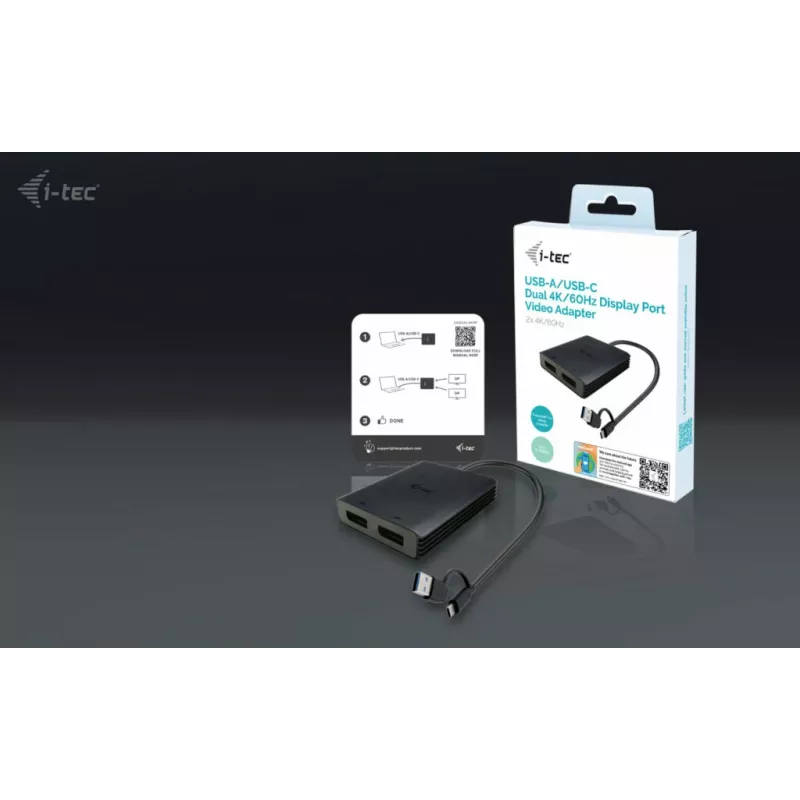 i-tec USB-A/USB-C Dvigubas 4K/60 Hz DisplayPort vaizdo adapteris, 0,27 m, USB Type-A/USB Type-C, 2 x DisplayPort, Kištukas, Lizdas, 3840 x 2160 pikselių