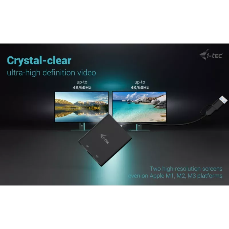 i-tec USB-A/USB-C Dvigubas 4K/60 Hz DisplayPort vaizdo adapteris, 0,27 m, USB Type-A/USB Type-C, 2 x DisplayPort, Kištukas, Lizdas, 3840 x 2160 pikselių