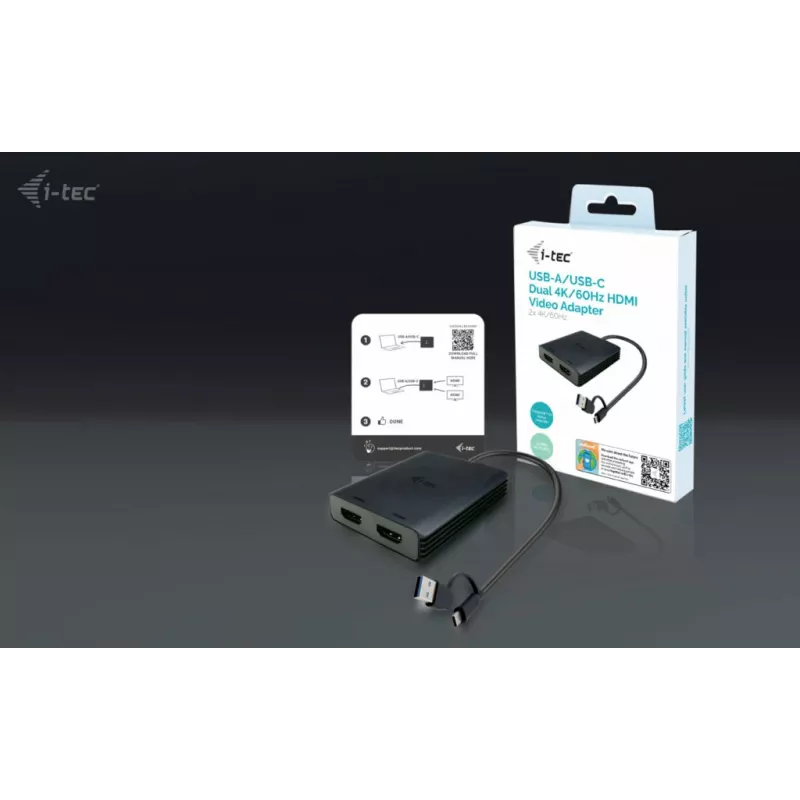 i-tec USB-A/USB-C dvigubas 4K/60 Hz HDMI vaizdo adapteris, 0,27 m