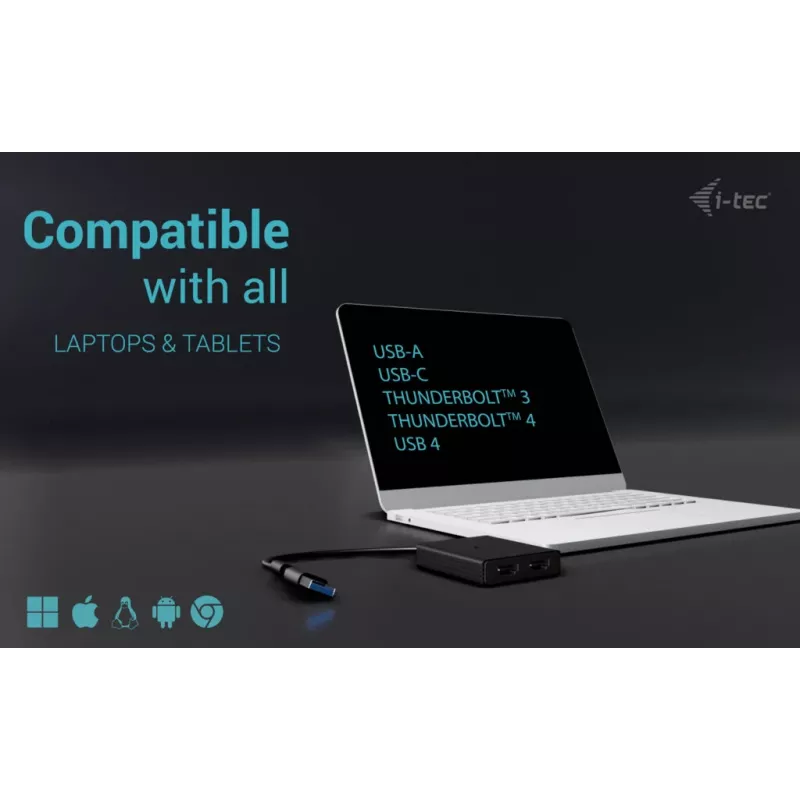 i-tec USB-A/USB-C dvigubas 4K/60 Hz HDMI vaizdo adapteris, 0,27 m