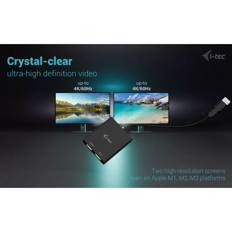 i-tec USB-A/USB-C dvigubas 4K/60 Hz HDMI vaizdo adapteris, 0,27 m