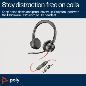HP Poly Blackwire 8225 Stereo USB-C ausinės su USB-C/A adapteriu