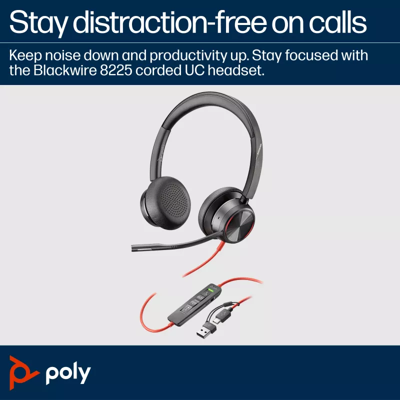 HP Poly Blackwire 8225 Stereo USB-C ausinės su USB-C/A adapteriu