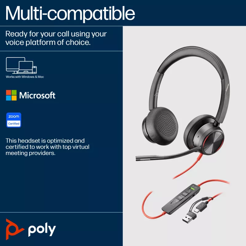 HP Poly Blackwire 8225 Stereo USB-C ausinės su USB-C/A adapteriu