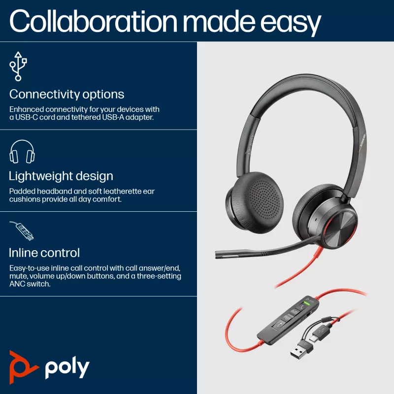 HP Poly Blackwire 8225 Stereo USB-C ausinės su USB-C/A adapteriu