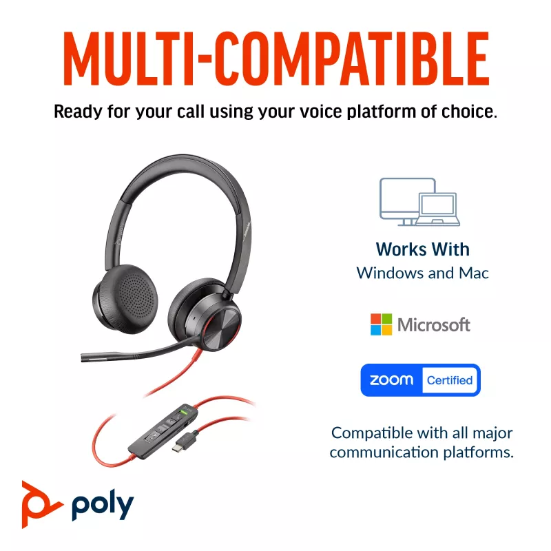 HP Poly Blackwire 8225 Stereo USB-C ausinės su USB-C/A adapteriu