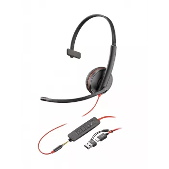 Ausinės HP Poly Blackwire 3215, monauralinės, USB-C + 3,5 mm lizdas + USB-C/A adapteris