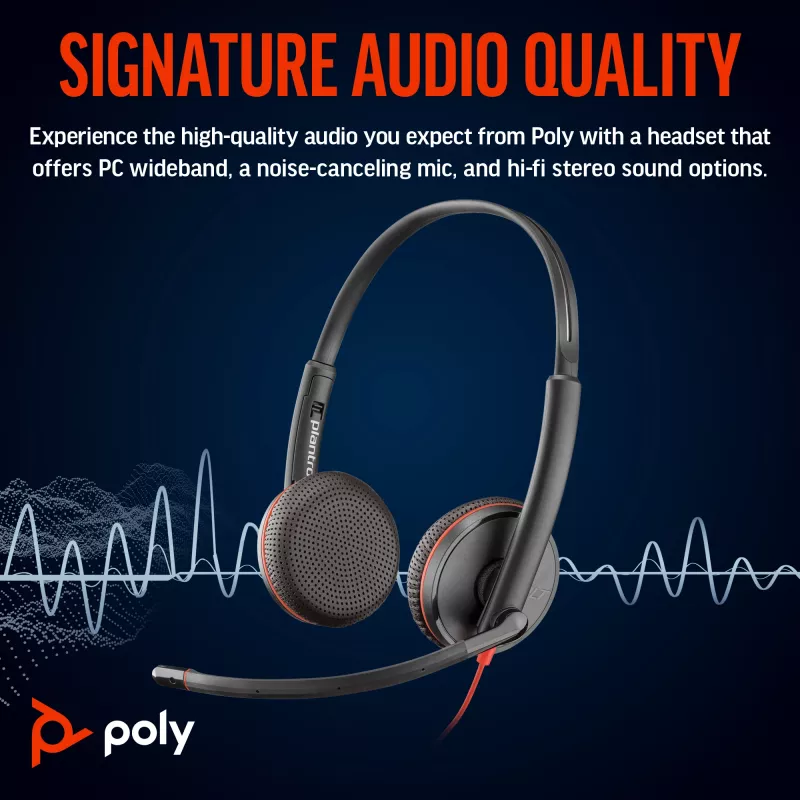 HP Poly Blackwire 3225 Stereo ausinės su USB-C jungtimi, 3,5 mm kištuku ir USB-C/A adapteriu