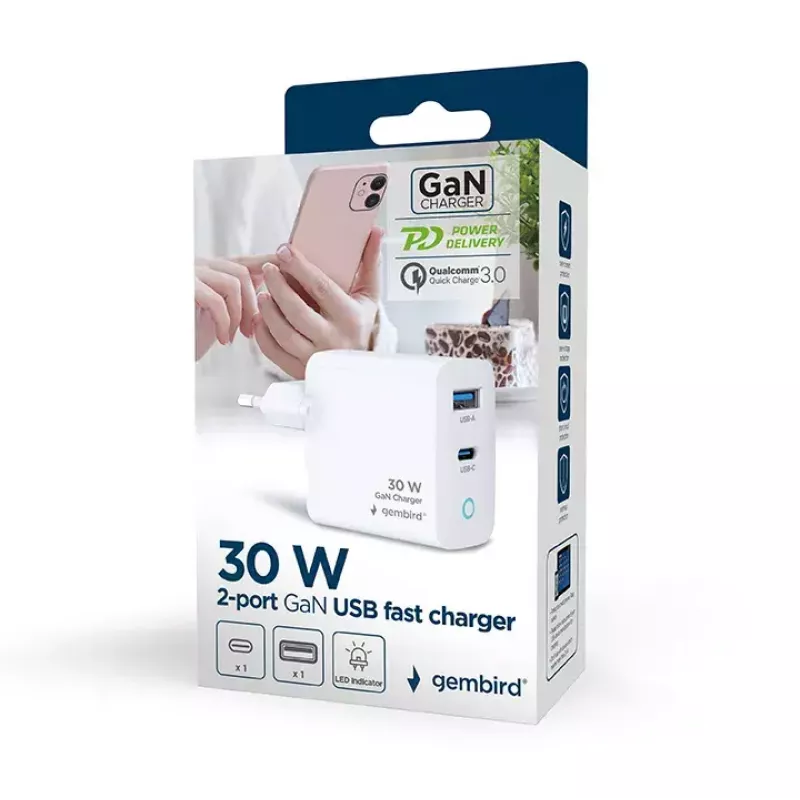 GEMBIRD 2 prievadų 30 W GaN USB greitasis įkroviklis LED baltas