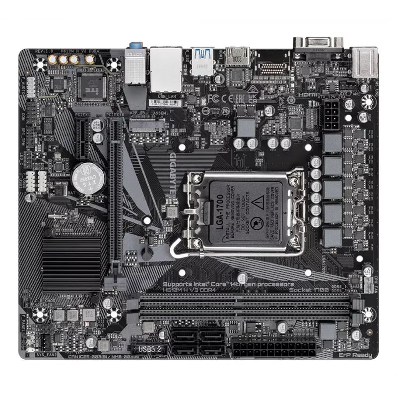 GIGABYTE H610M H V3 DDR4 pagrindinė plokštė – palaiko Intel Core 14 kartos procesorius, 4+1+1 hibridinių fazių skaitmeninis VRM, iki 3200 MHz DDR4, 1xPCIe 3.0 M.2, GbE LAN, USB 3.2 Gen 1