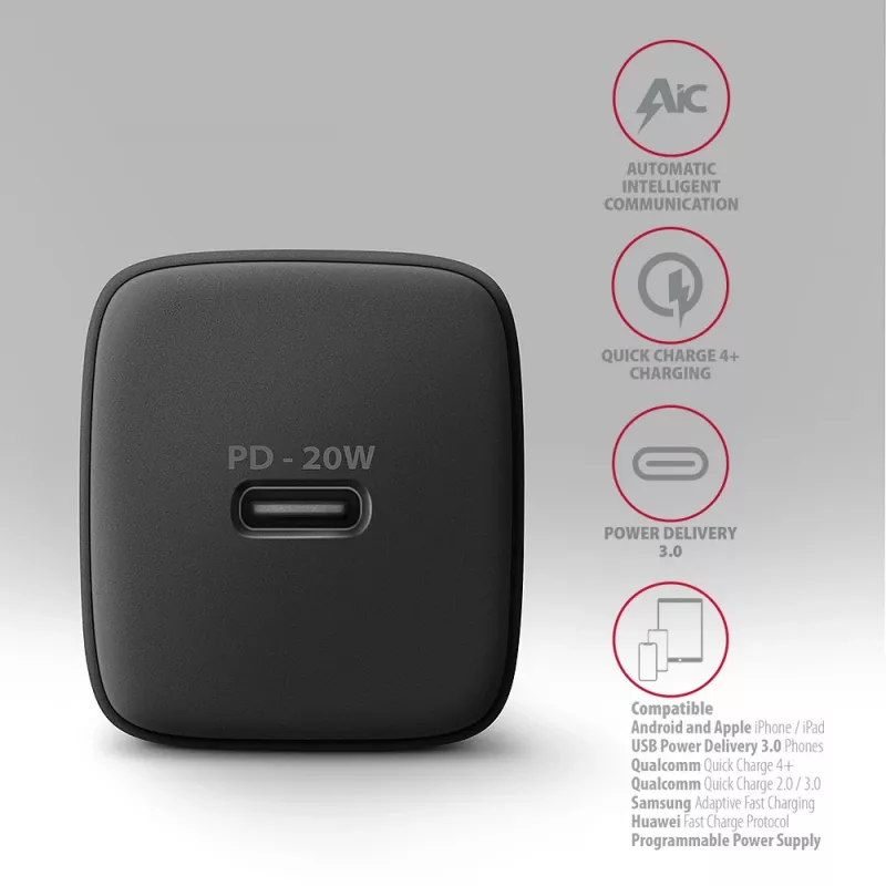 Sieninis įkroviklis Axagon ACU-PD20 1x QC3.0/AFC/FCP/PD Type-C 20W Juodas