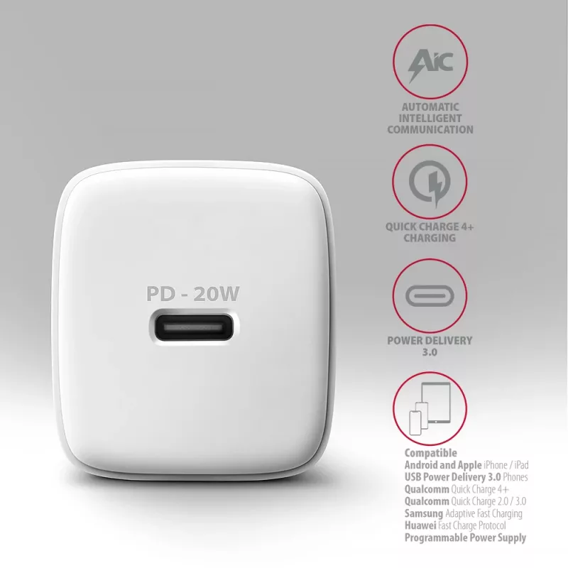 Sieninis įkroviklis Axagon ACU-PD20W 1x QC3.0/AFC/FCP/PD USB-C 20W baltas