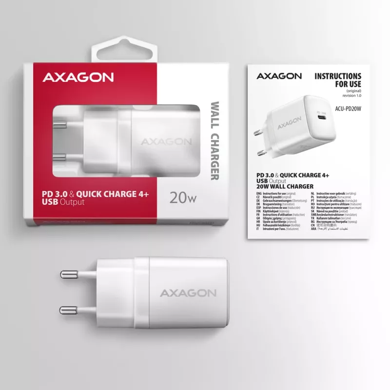 Sieninis įkroviklis Axagon ACU-PD20W 1x QC3.0/AFC/FCP/PD USB-C 20W baltas