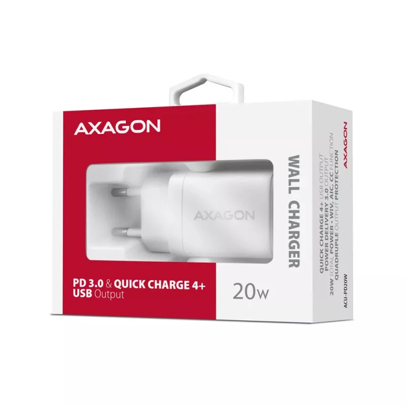 Sieninis įkroviklis Axagon ACU-PD20W 1x QC3.0/AFC/FCP/PD USB-C 20W baltas