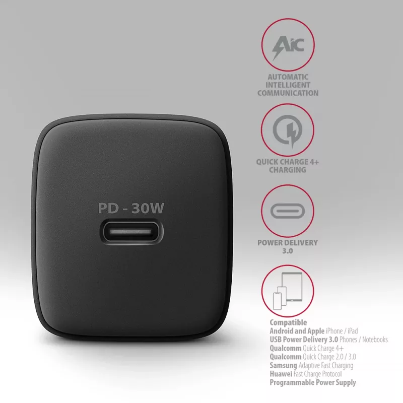 Sieninis įkroviklis Axagon ACU-PD30 PD3.0 & QC4+ 1x USB-C 30W, juodas