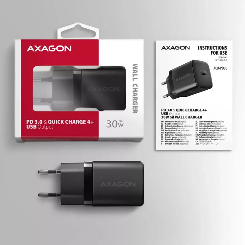 Sieninis įkroviklis Axagon ACU-PD30 PD3.0 & QC4+ 1x USB-C 30W, juodas