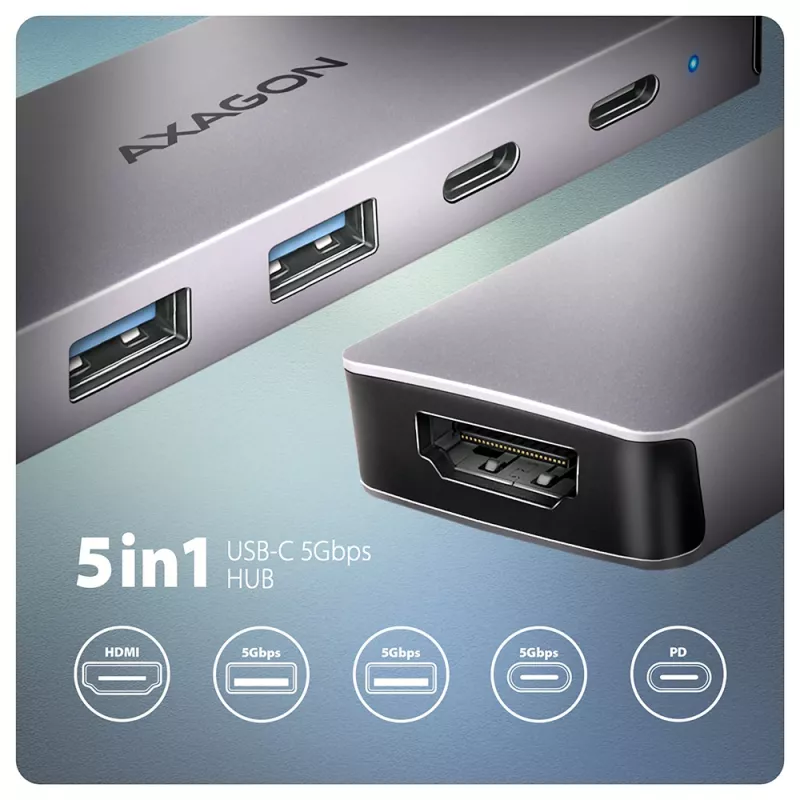 USB-C 5Gbps 5in1 centrinė stotelė Axagon HMC-5H60, 2x USB-A, 1x USB-C, HDMI 4K/60Hz, PD 100W, USB-C kabelis
